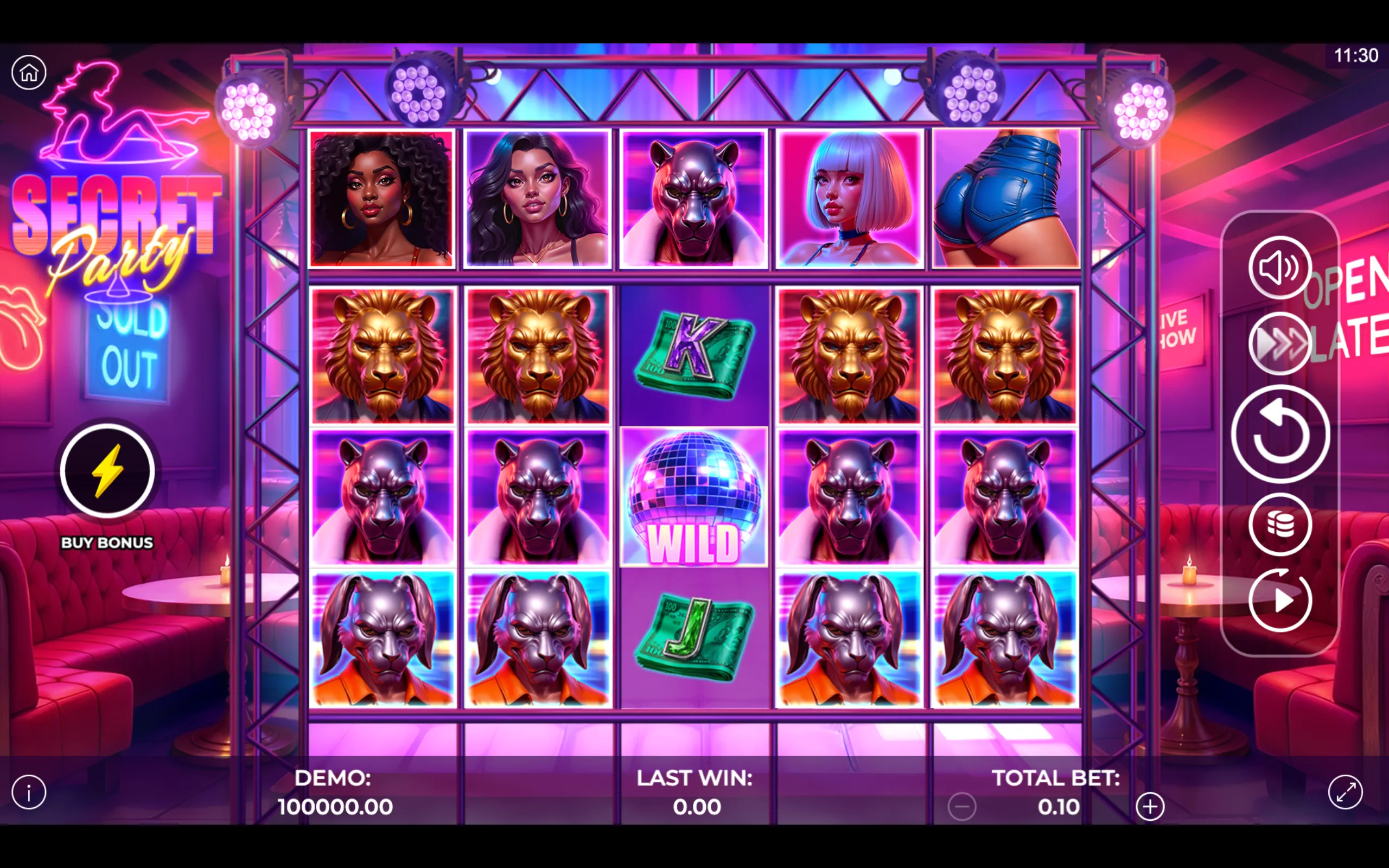Secret Party slot game with neon-lit symbols featuring stylish women, animal masks, and a disco ball wild symbol on a vibrant nightclub backdrop