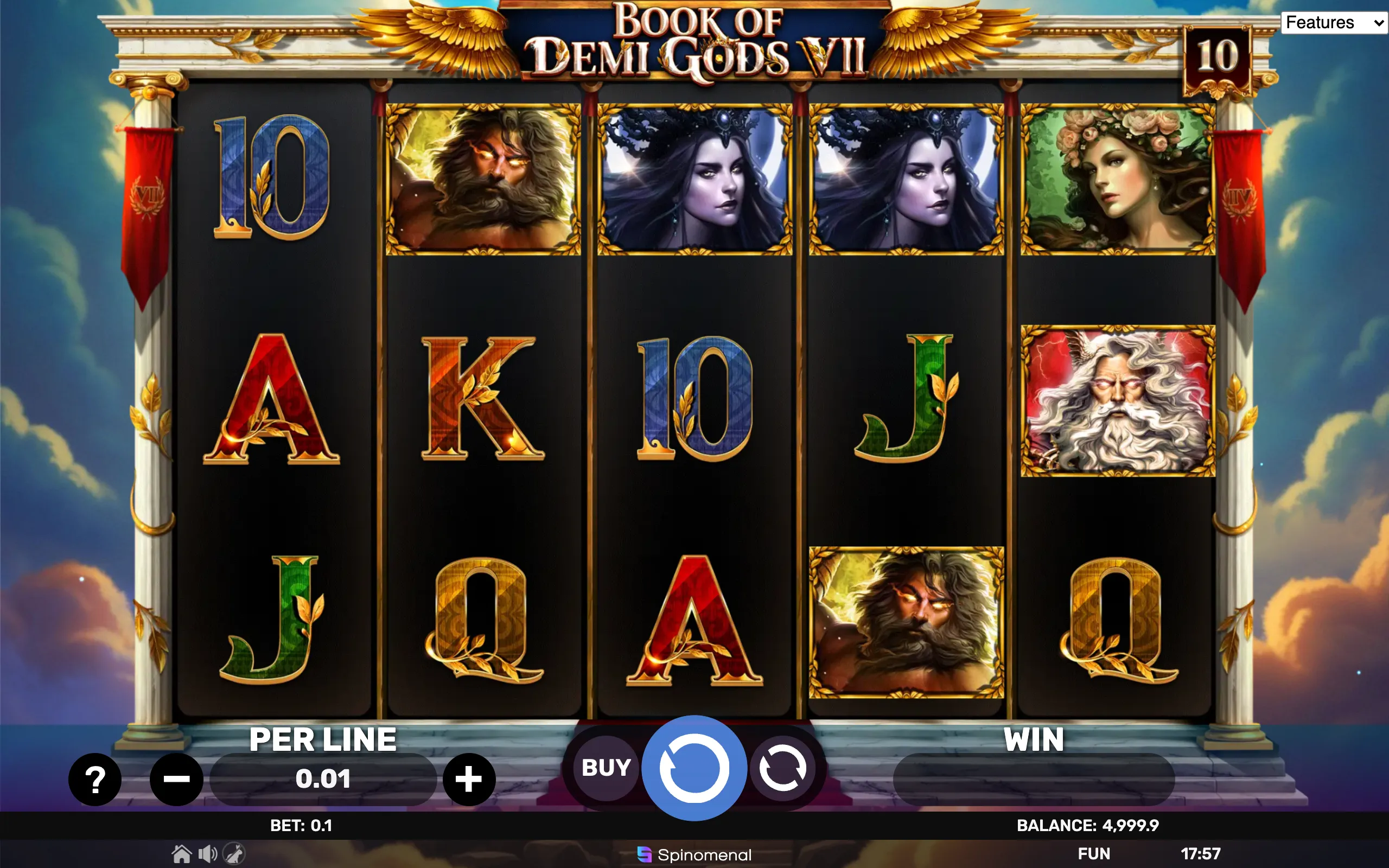 Slot game interface featuring mythological demi-gods and ornate playing card symbols on a dark reel set framed by classical columns and golden wings.