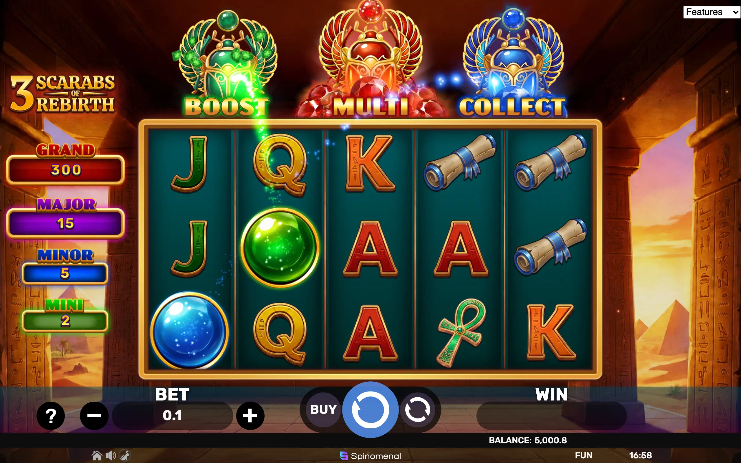 3 Scarabs of Rebirth slot game with Egyptian-themed symbols and vibrant scarab icons
