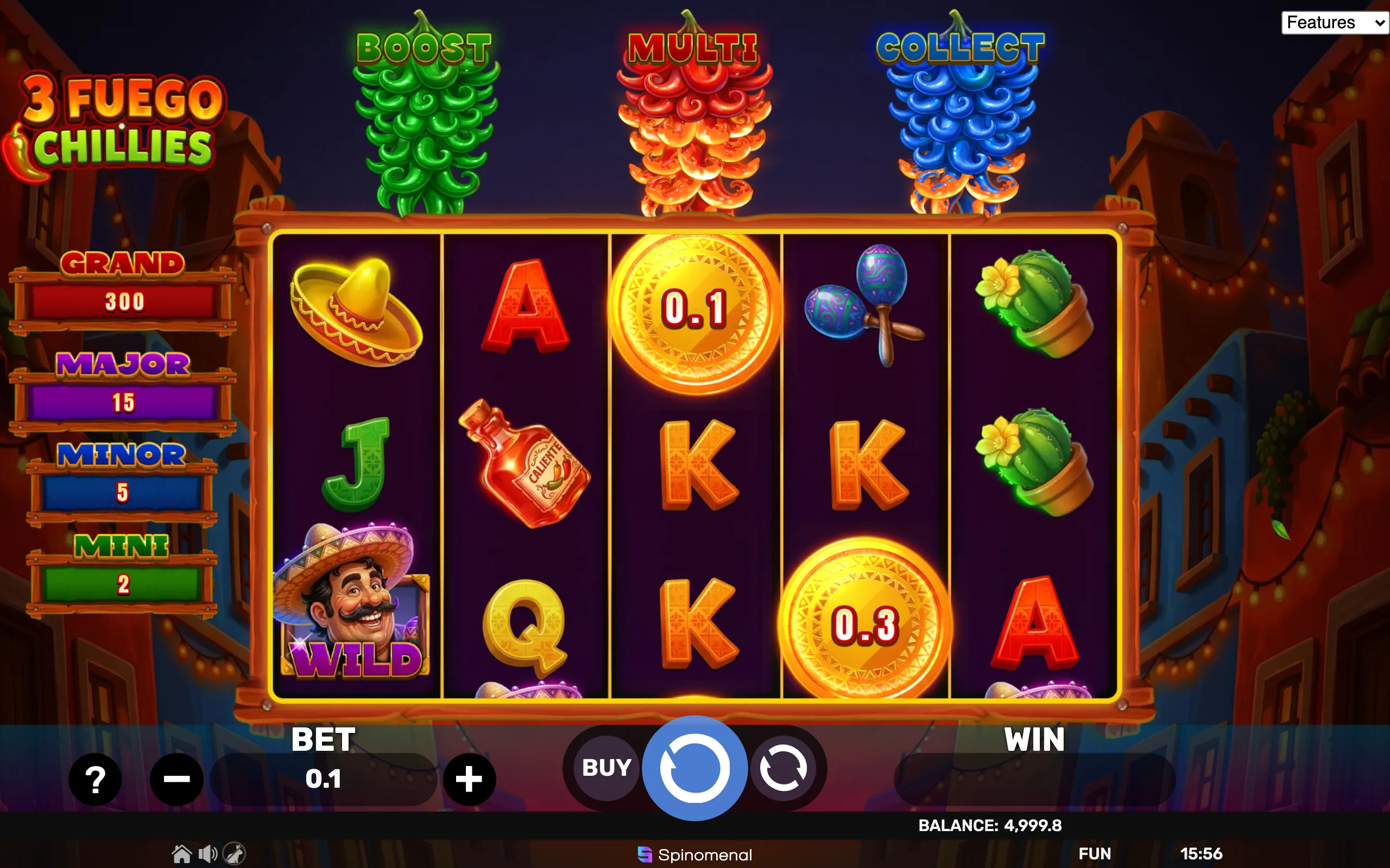 3 Fuego Chillies slot game with colorful chili pepper clusters, Mexican-themed symbols, and festive nighttime village background