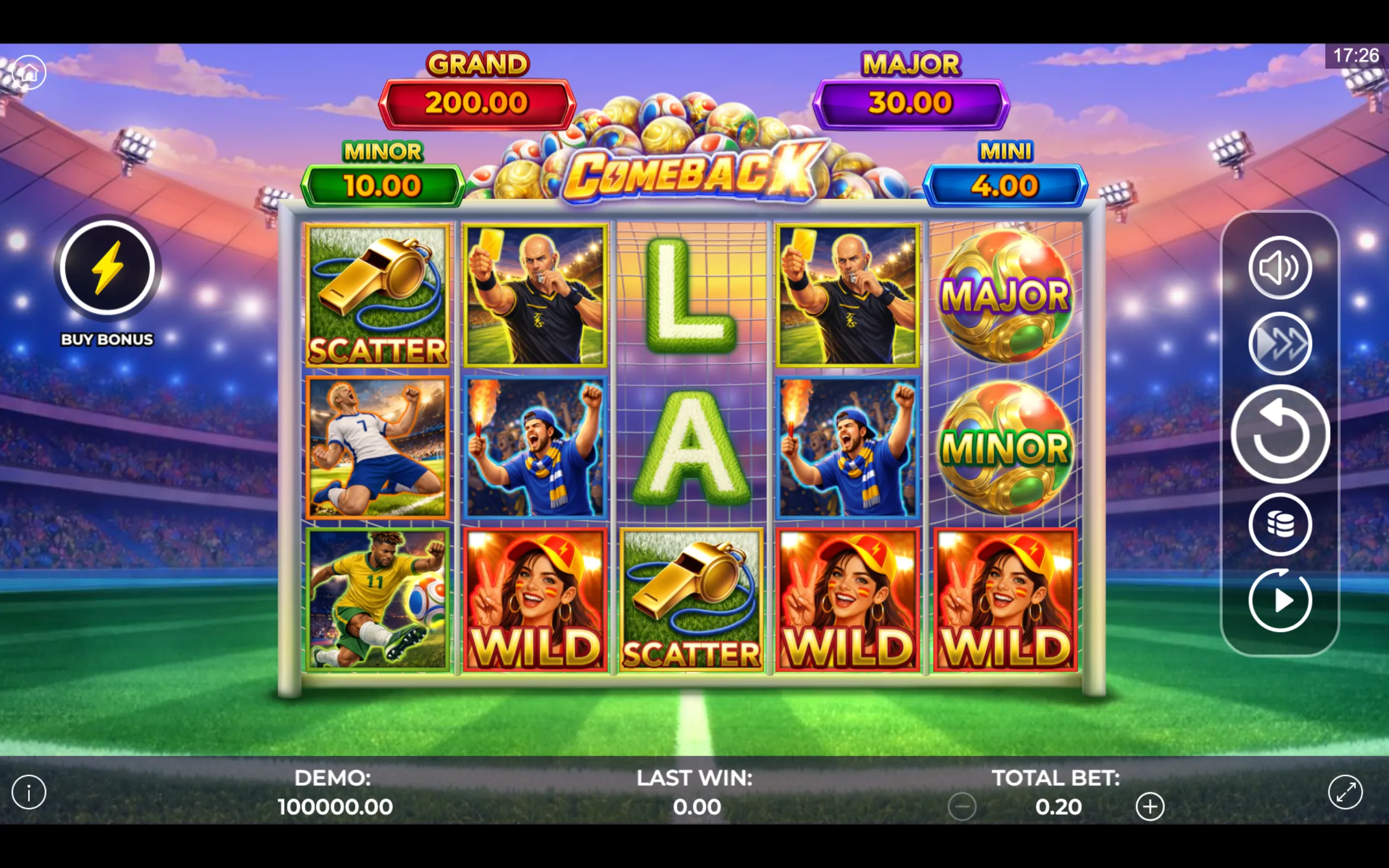 Slot game Comeback features soccer-themed symbols including players, a referee, fans, and golden balls representing jackpots, set against a vibrant stadium backdrop.