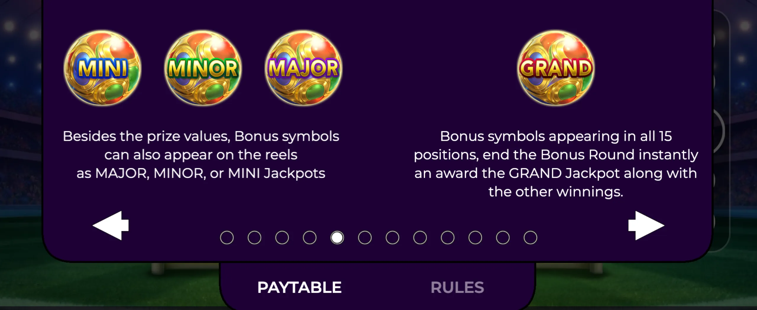 Four golden jackpot bonus symbols labeled MINI, MINOR, MAJOR, and GRAND with explanatory text about their prize values and bonus round effects.