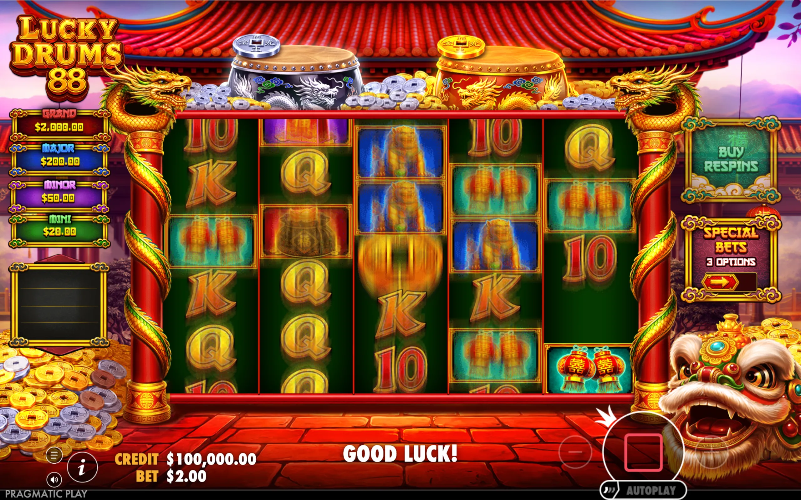 Lucky Drums 88 slot featuring traditional Chinese dragons, gold and silver coins, and ornate drums with a red temple roof backdrop.
