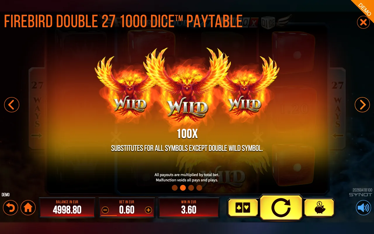 Firebird Double 27 1000 DIce paytable page 1 with symbol payouts