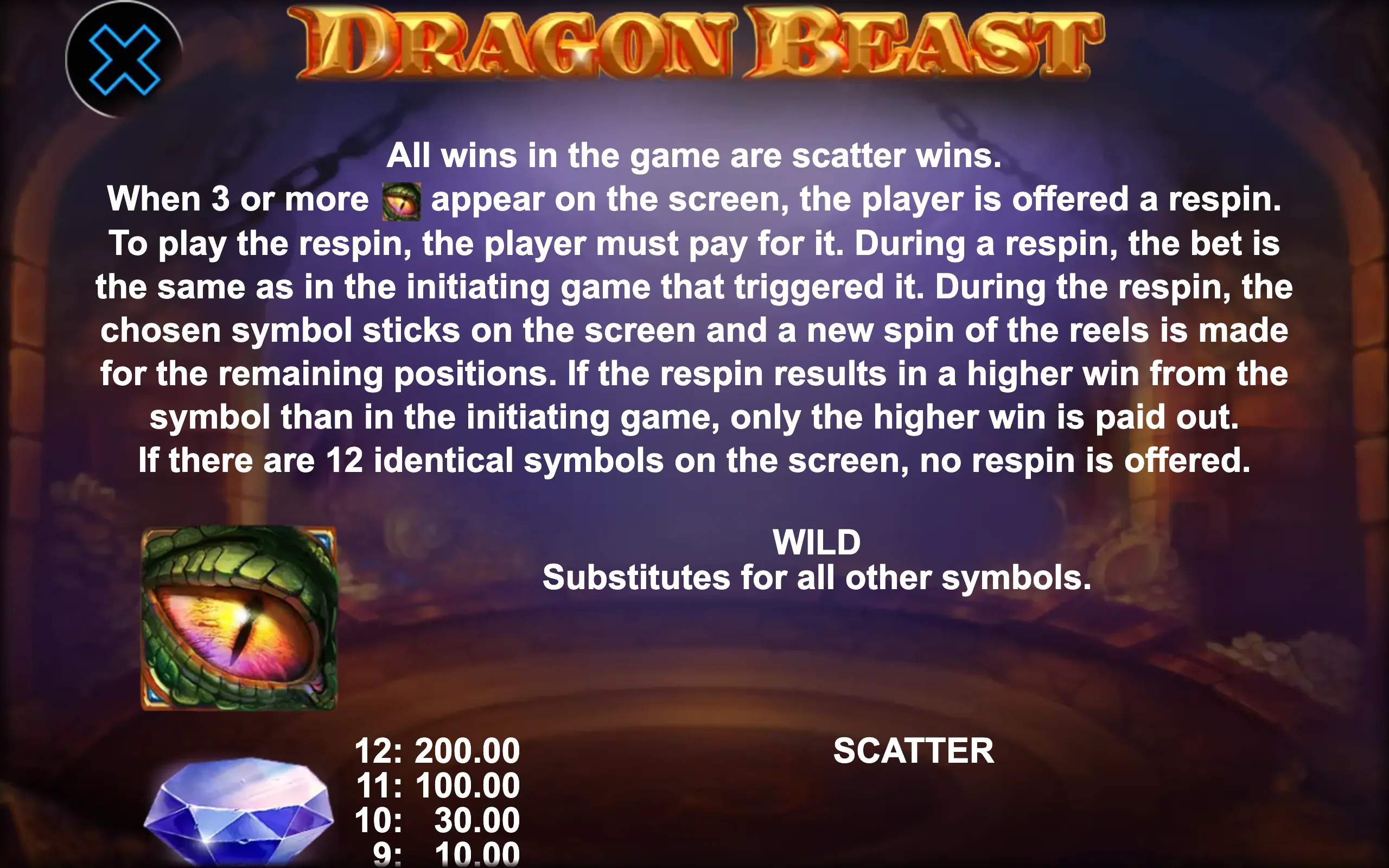 Dragon Beast paytable page 1 with symbol payouts