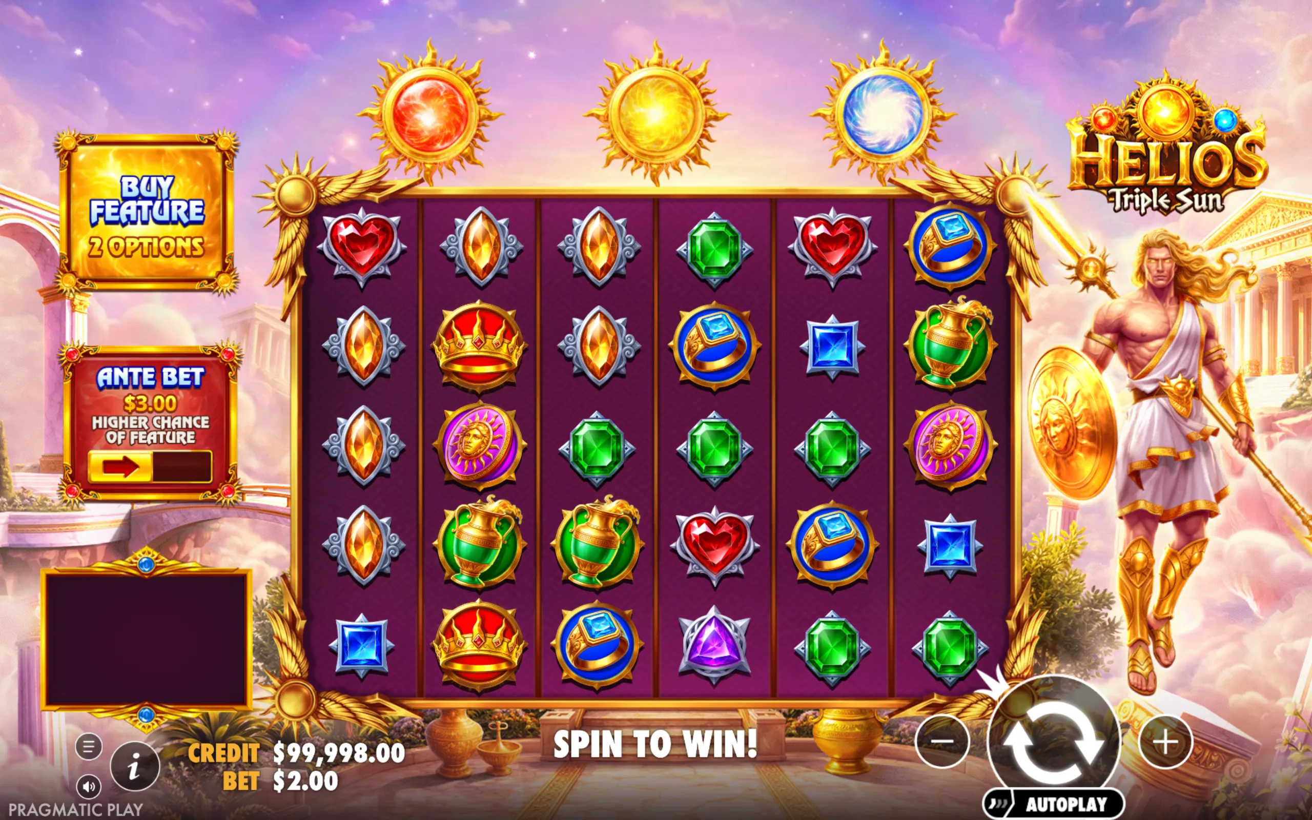 Slot game Helios - Triple Sun features a Greek mythology theme with a muscular warrior holding a golden shield and spear, surrounded by symbols of crowns, gems, rings, and sun emblems on a purple reel grid.