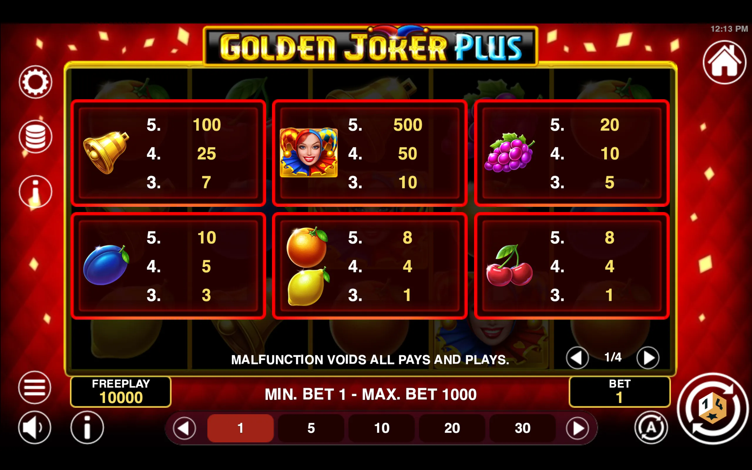 Golden Joker Plus paytable page 1 with symbol payouts