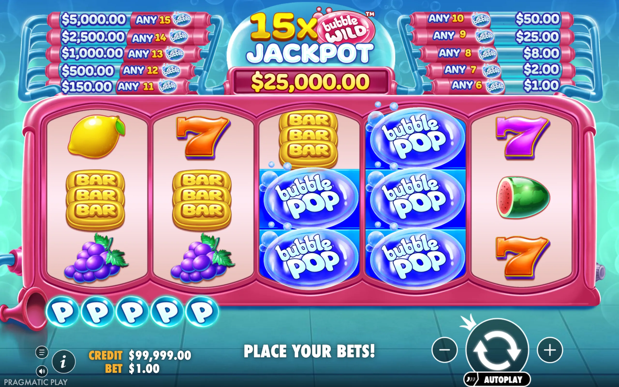 Colorful slot game interface featuring classic fruit symbols, bubble pop wilds, and a prominent 15x jackpot prize display.