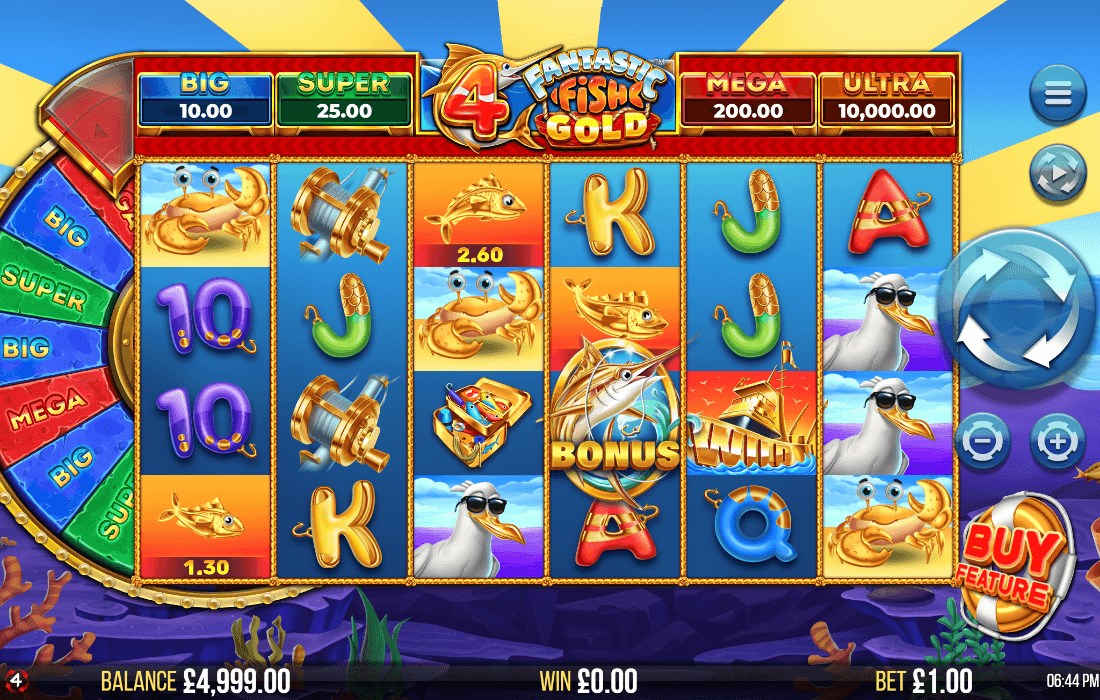 Alt text: 4 Fantastic Fish Gold slot with 6 reels, Fortune Wheel, and BIG/SUPER/MEGA/ULTRA prize tiers above.