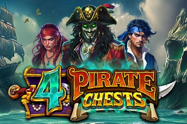 Three pirate characters stand against a stormy sea backdrop, with a treasure chest and game title prominently displayed in the foreground.
