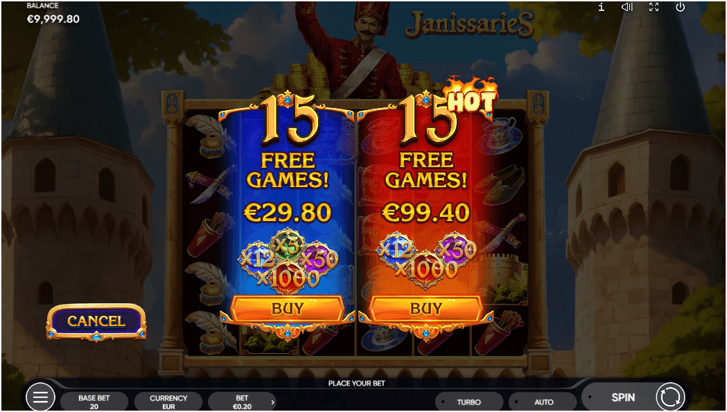 Two bonus feature panels offer 15 free games each, with different multiplier sets and purchase prices displayed below.