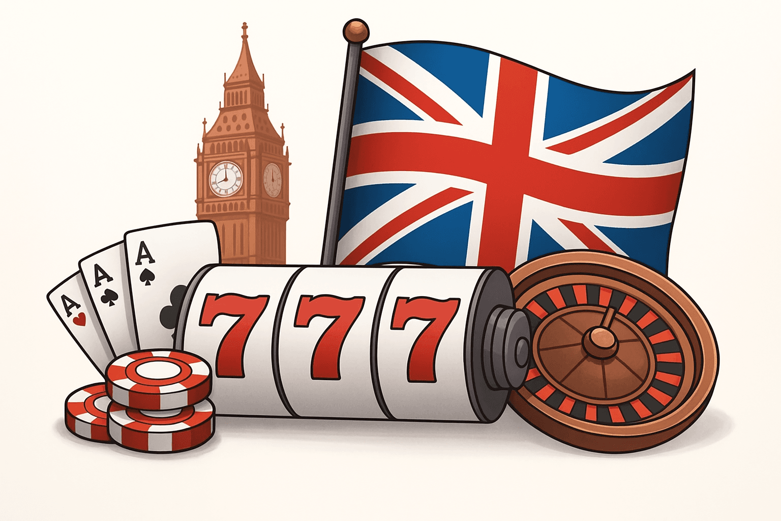 UK online gambling illustration featuring the Union Jack, Big Ben, roulette wheel, slot machine symbols, poker chips, and playing cards.