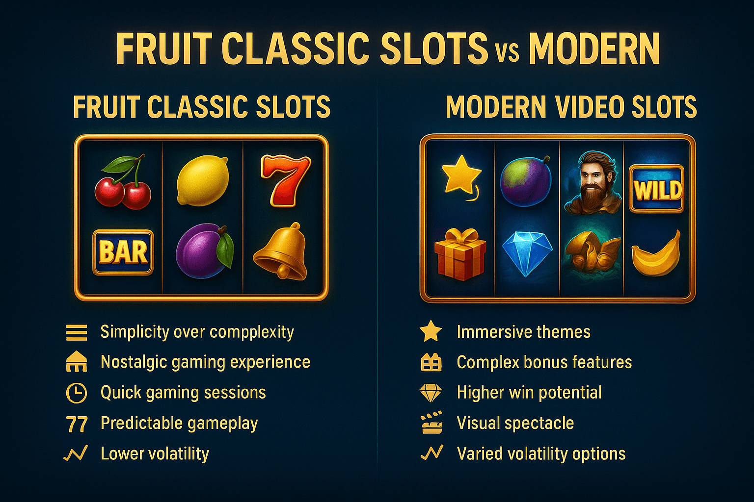 Infographic comparing fruit classic slots and modern video slots with symbols and gameplay features.