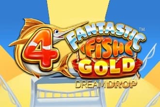 4 Fantastic Fish Gold slot game logo with orange fish mascot and Dream Drop feature against blue and yellow sunburst background
