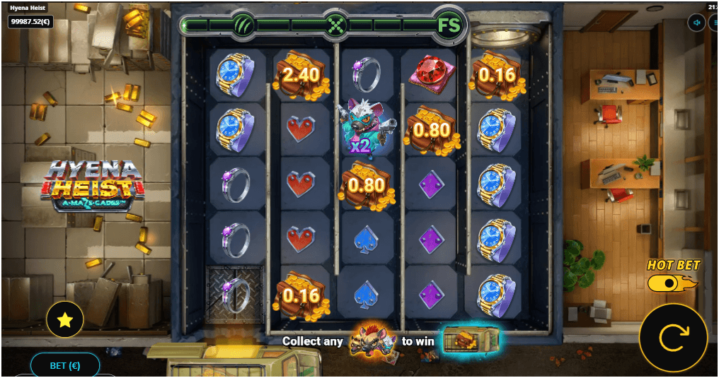 A 5x5 slot reel shows various symbols including watches, jewels, hearts, and a blue hyena with a multiplier on grid tiles.