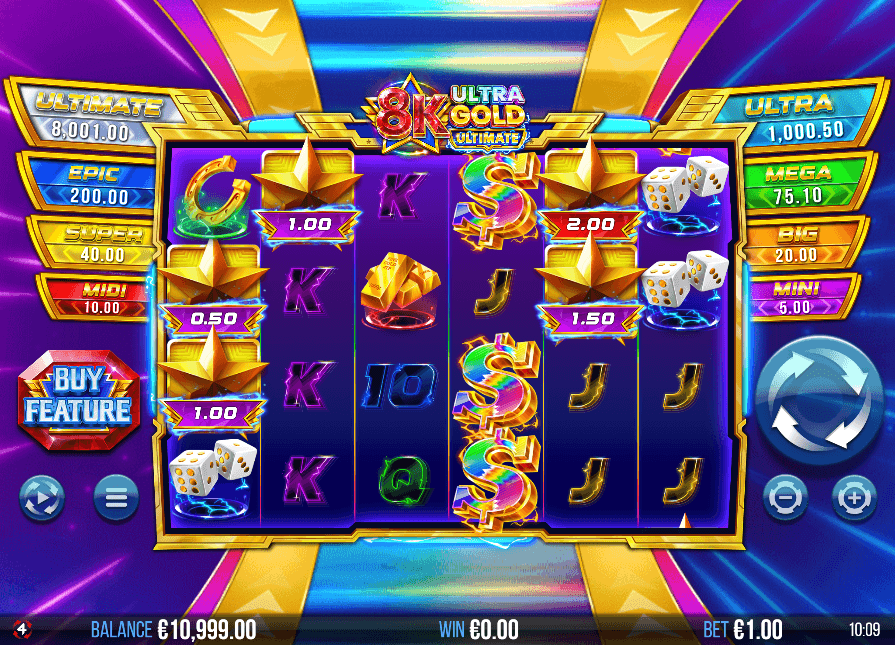 8K Ultra Gold Ultimate slot game showing six reels with WILD symbols, gold bars, dice, and Fortune Prize meters.