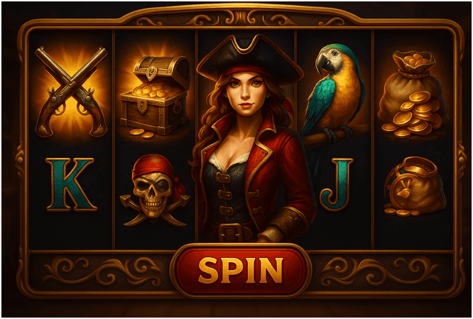 Pirate-themed slot with reels showing treasure, parrots, and swords.