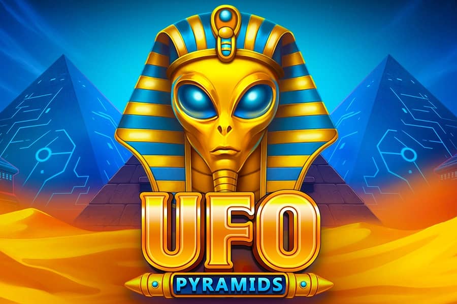 UFO Pyramids slot logo featuring alien pharaoh with Egyptian headdress and pyramids