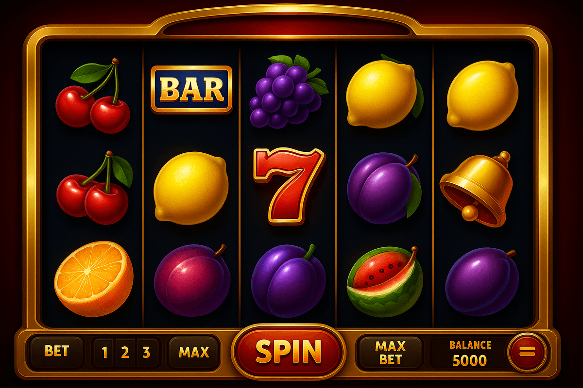 Slot machine game screen displaying fruit-themed symbols including cherries, BAR, lemon, grapes, red 7, plums, bell, orange, and watermelon, with a large "SPIN" button and betting options at the bottom.