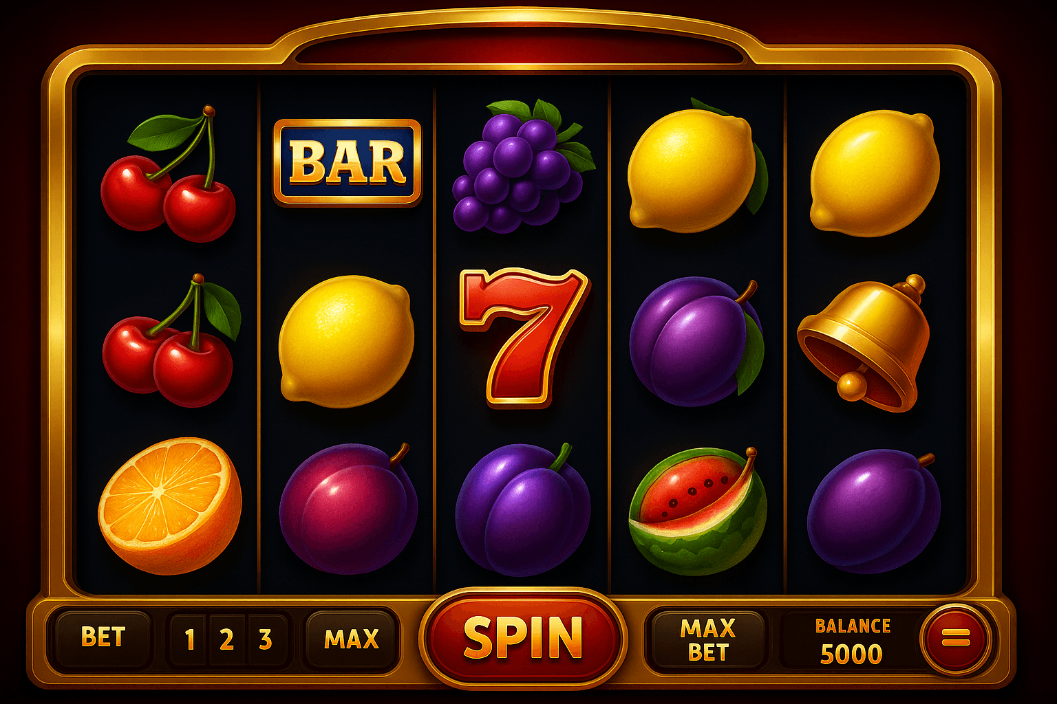 Slot machine game screen displaying fruit-themed symbols including cherries, BAR, lemon, grapes, red 7, plums, bell, orange, and watermelon, with a large "SPIN" button and betting options at the bottom.