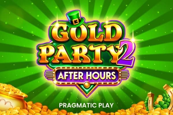 Bright green background with radial light rays, a large stylized title with gold and purple lettering, a leprechaun hat above the word "Gold", and piles of gold coins and clovers at the bottom.