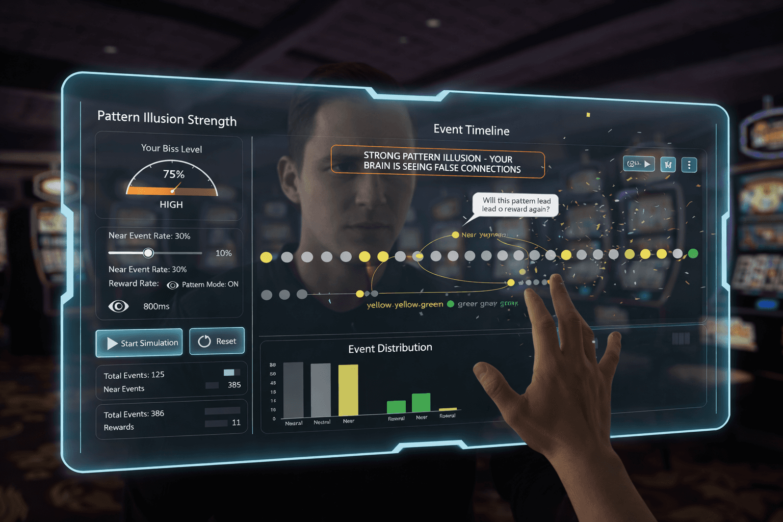 Reward delay loop simulator interface showing 75% pattern illusion strength with casino background
