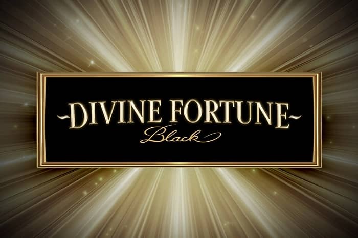 Divine Fortune Black slot game logo with golden rays background