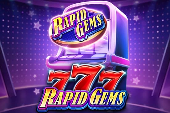 Three-reel slot machine screen featuring classic BAR and 7 symbols, a prominent Rapid Gems icon, and multiplier paytable.