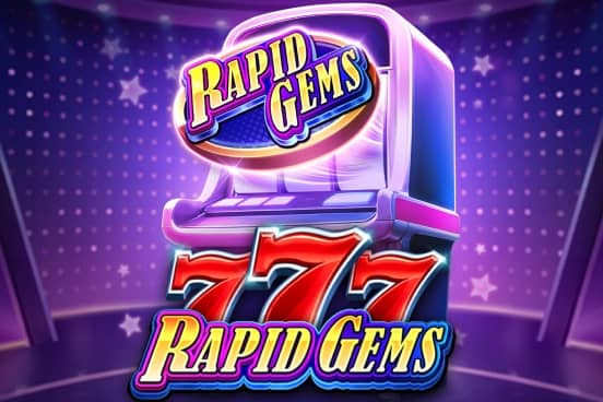 Three-reel slot machine screen featuring classic BAR and 7 symbols, a prominent Rapid Gems icon, and multiplier paytable.