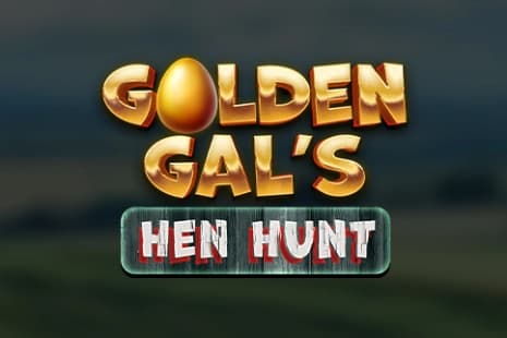 Bold golden letters spelling “Golden Gal’s” with an egg replacing the letter “O,” stacked above the phrase “Hen Hunt” in distressed red and white lettering, all set against a blurred rural background.