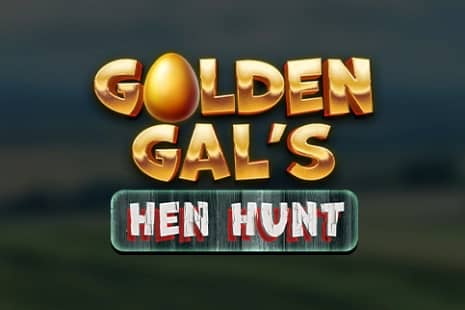 Bold golden letters spelling “Golden Gal’s” with an egg replacing the letter “O,” stacked above the phrase “Hen Hunt” in distressed red and white lettering, all set against a blurred rural background.