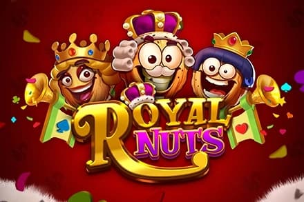 Three animated walnut characters dressed as royalty stand smiling in front of a red background with confetti and the title "Royal Nuts."