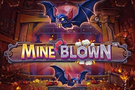 Cartoon bats in a mine with dynamite and glowing crystals — Mine Blown slot logo.