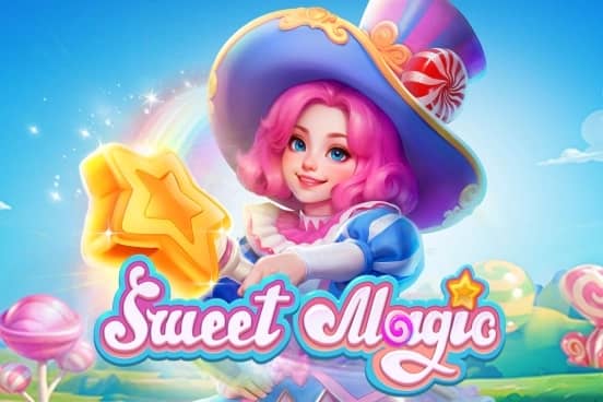 A pink-haired girl in a candy-themed fantasy world holds a glowing star wand and wears a large purple hat with a peppermint swirl.
