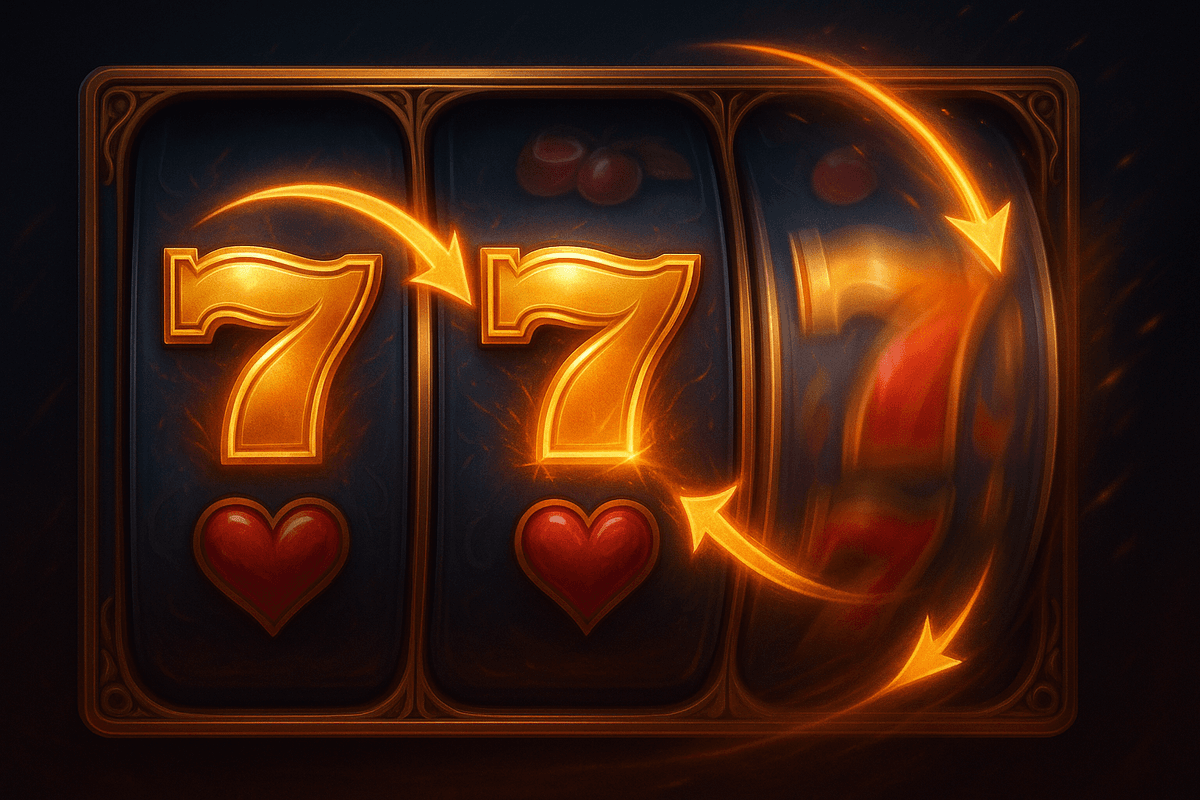 Slot machine showing two golden 7s locked in place while the third reel re-spins with motion blur and arrows, visually illustrating a Re-Spins feature.