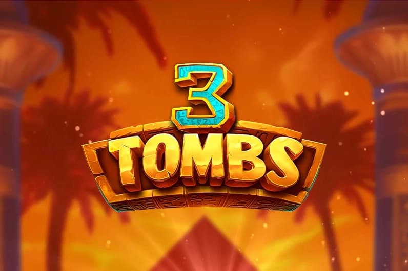 A stylized “3” and “TOMBS” title in golden stone-like letters appears against a sunset-lit desert with palm trees and pyramid silhouette.