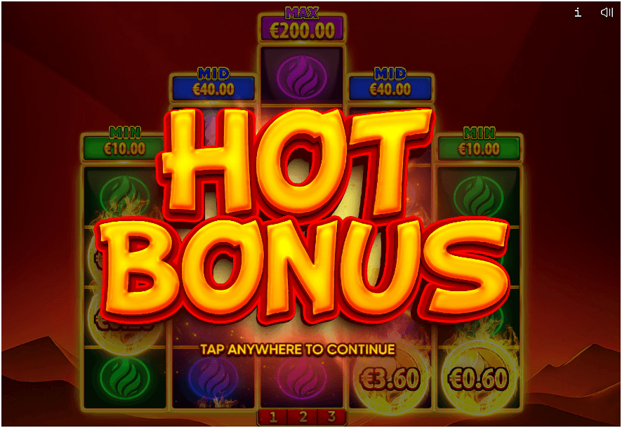 The screen displays a “HOT BONUS” message over a slot grid with visible coin values and fixed jackpot labels for MAX, MID, and MIN tiers.