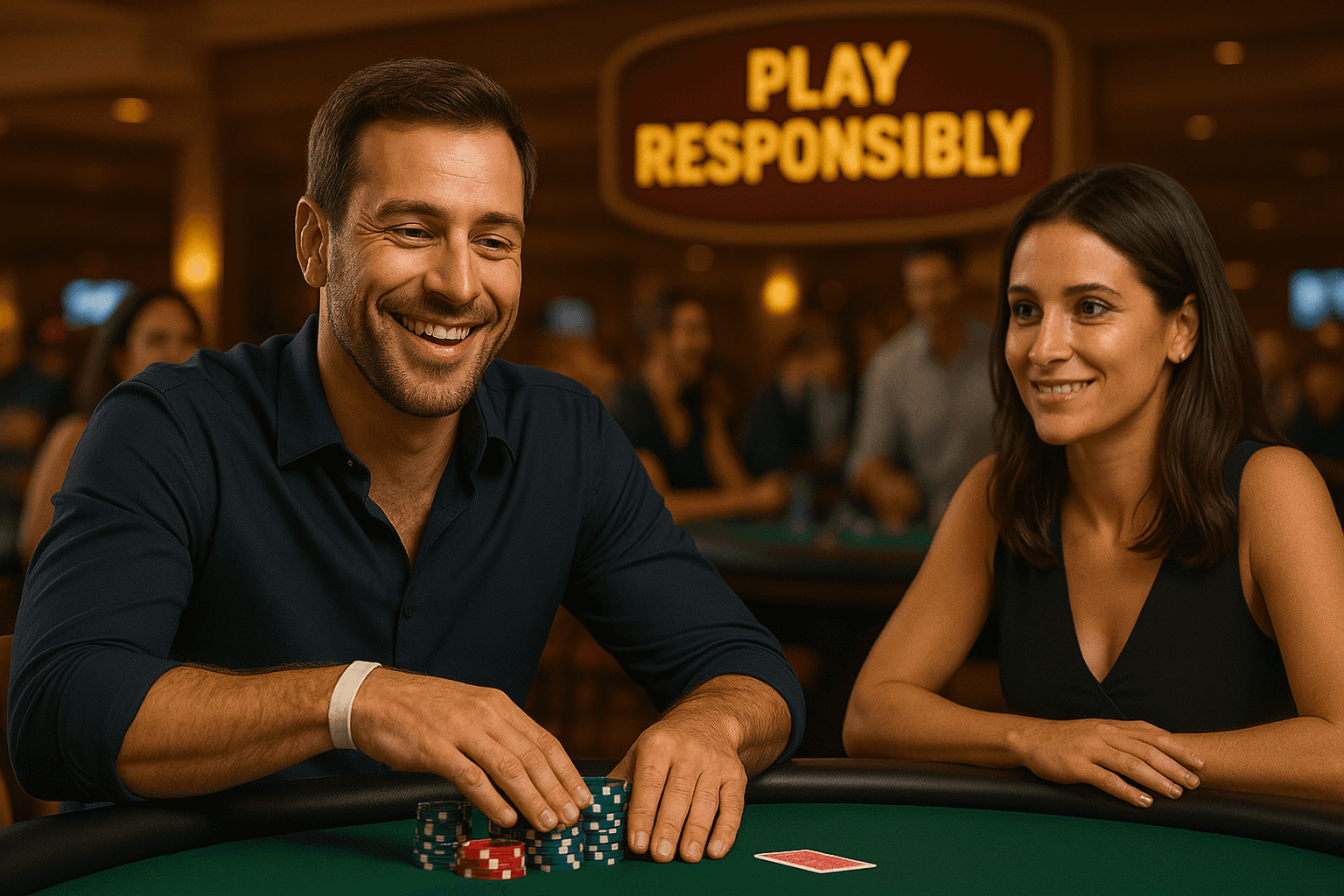 A smiling man and woman sit together at a poker table, enjoying the game in a casino with a clear “Play Responsibly” sign in the background.