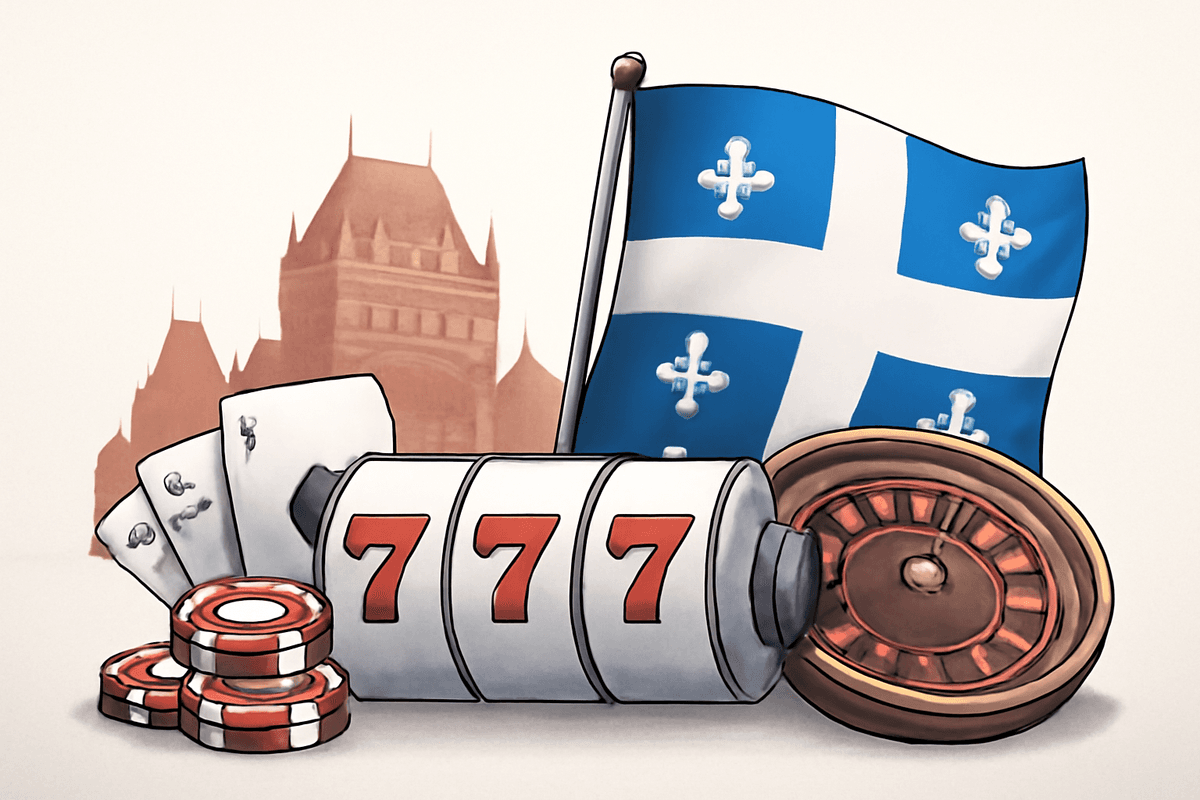 Montreal skyline with casino elements, symbolizing online gambling in Quebec.