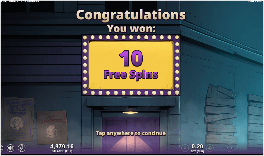 A slot game reward screen with a marquee sign displaying “10 Free Spins” above a closed doorway in a dim urban alley, surrounded by posters and boarded windows.