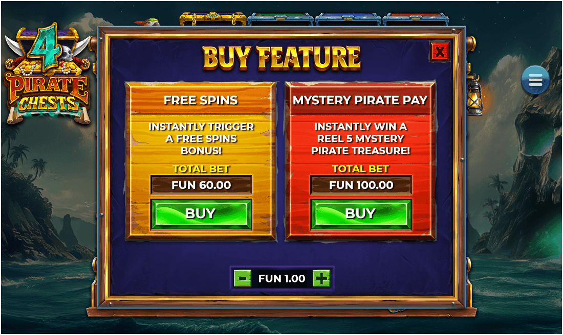 Buy Feature menu with two options: Free Spins for FUN 60.00 and Mystery Pirate Pay for FUN 100.00, each with buy buttons.