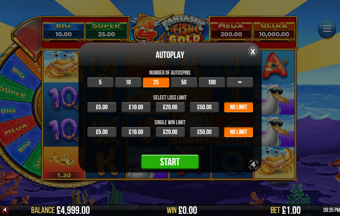 Alt text: Autoplay settings menu showing spin count options, loss limits, and single win limits with green START button.