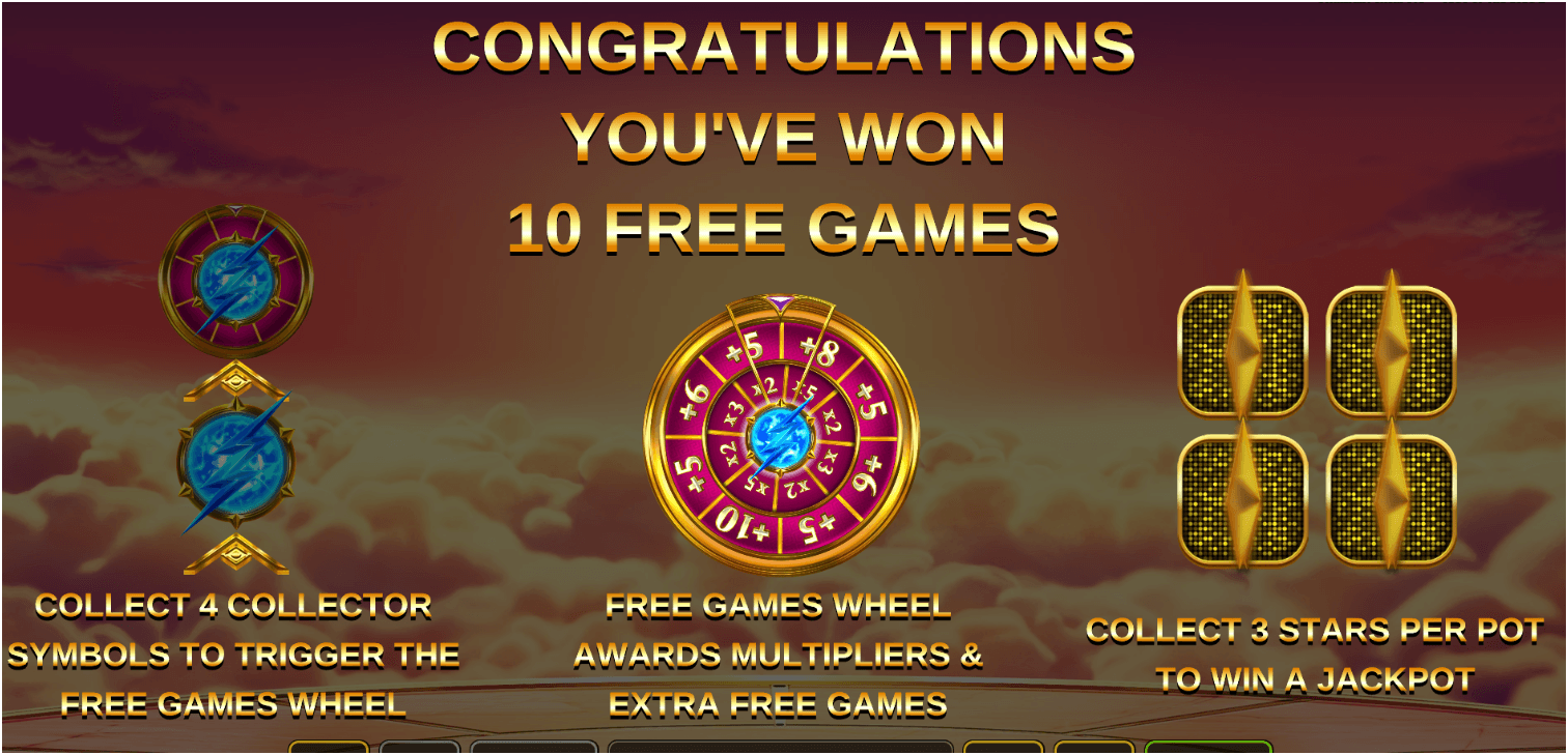 The screen displays a “Congratulations” message for winning 10 free games, with visual icons for bonus wheels, collector symbols, and jackpot stars.