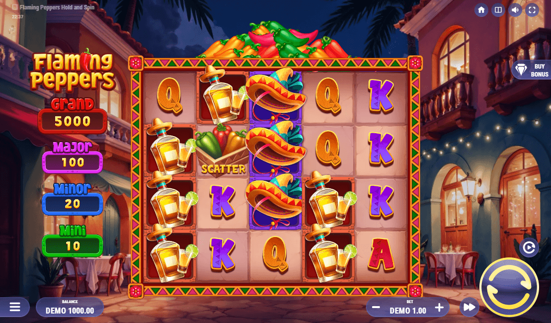 A colorful 5×4 slot grid framed by a festive Mexican plaza backdrop with jackpots displayed on the left panel.