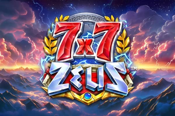 7x7 Thor slot game logo with red sevens, lightning bolts, and golden laurels against dramatic stormy sky