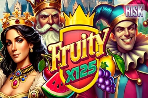 A queen, a king, and a jester stand in front of a castle backdrop, framed by fruit symbols and a bold crest.