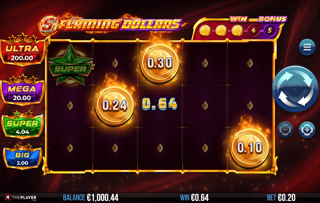 Slot grid showing three golden prize coins with values 0.30, 0.24, and 0.10, total win 0.64 displayed center, four tiered jackpot badges on left against fiery background.