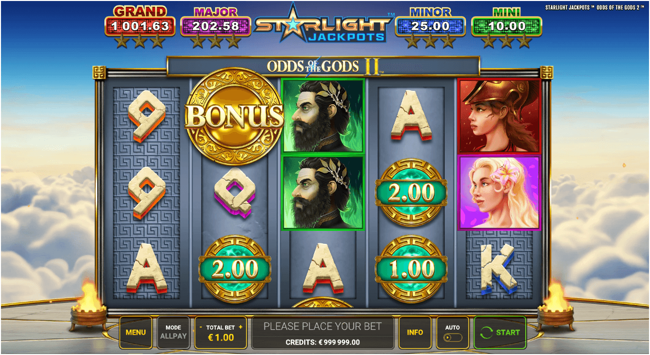 Five slot reels display various symbols including golden coins, a BONUS emblem, letters, and illustrated portraits of gods and goddesses.