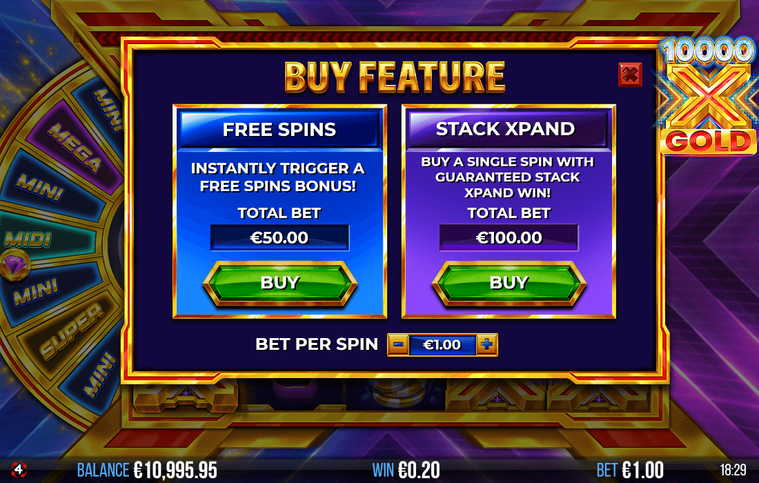 Buy Feature menu in 10000X Gold slot showing two options — Free Spins for €50 and Stack Xpand for €100, with bet per spin set to €1.