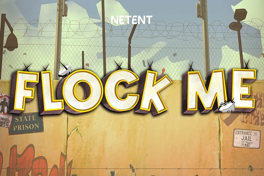 Title screen for the NetEnt game “Flock Me,” showing bold yellow letters against a prison-yard background with barbed wire, guard towers, and concrete walls.